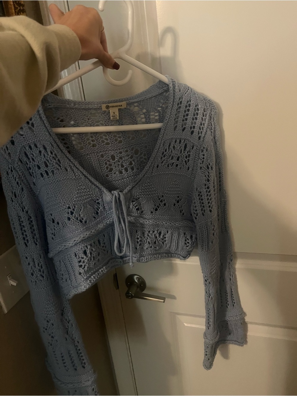 Versona Baby Blue Cropped Tie-Front Openwork Cardigan